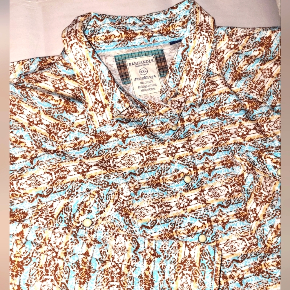 Panhandle Rough Stock Western‎ Shirt Size XX Large Blue Tan Snap Buttons